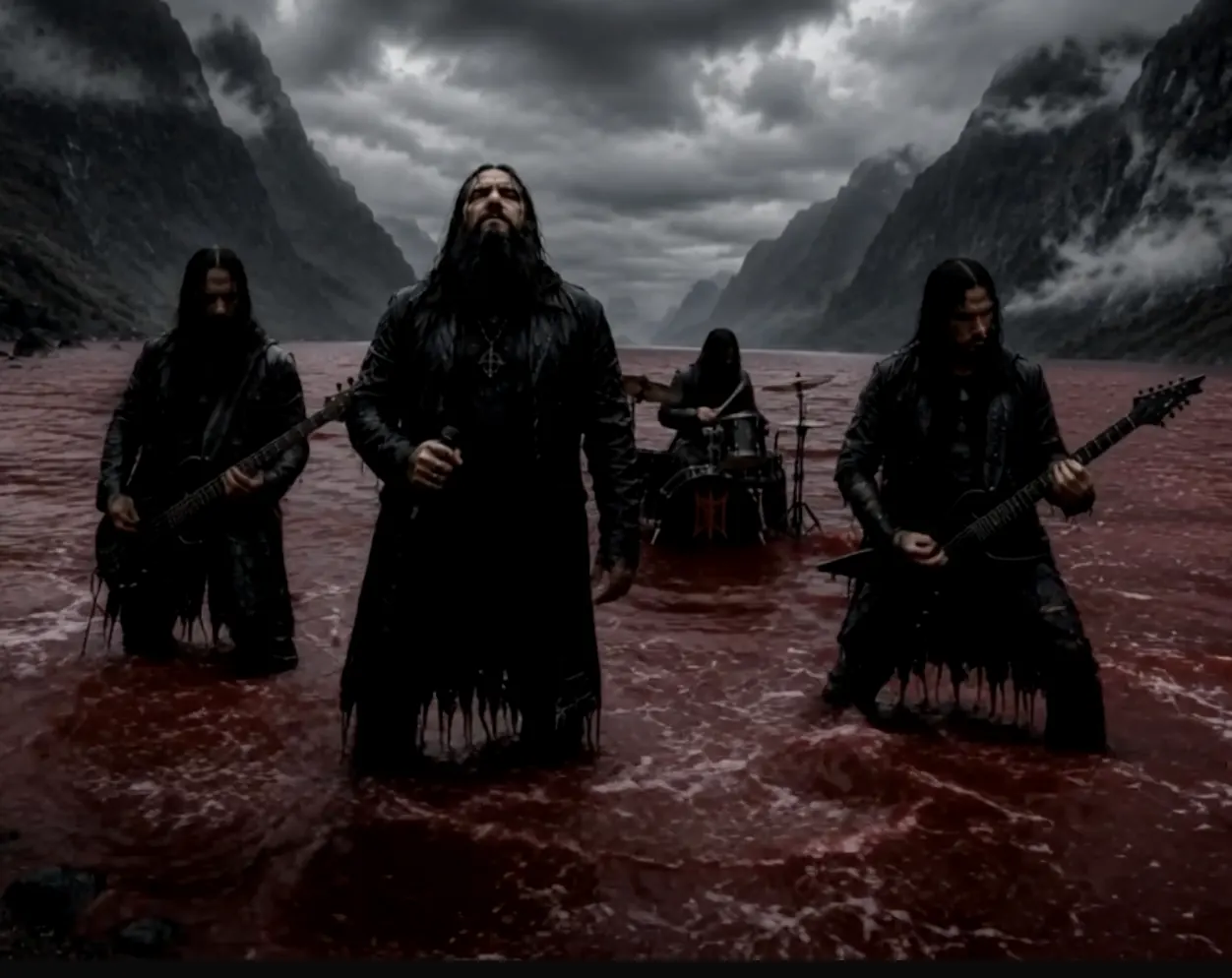 Mortain performing knee-deep in blood-red water beneath cliffs