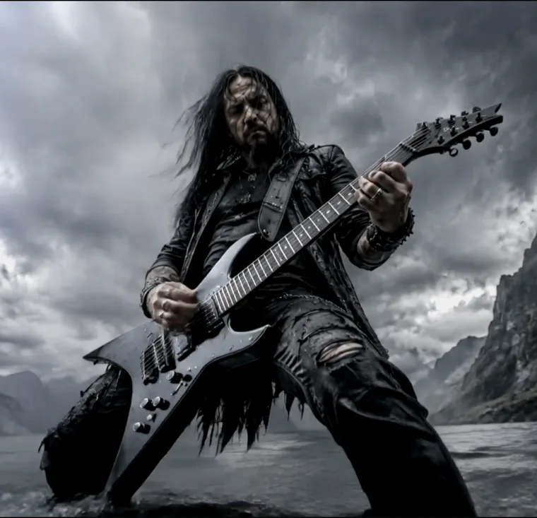 Eirik "Jernhand" playing guitar beside a fjord
