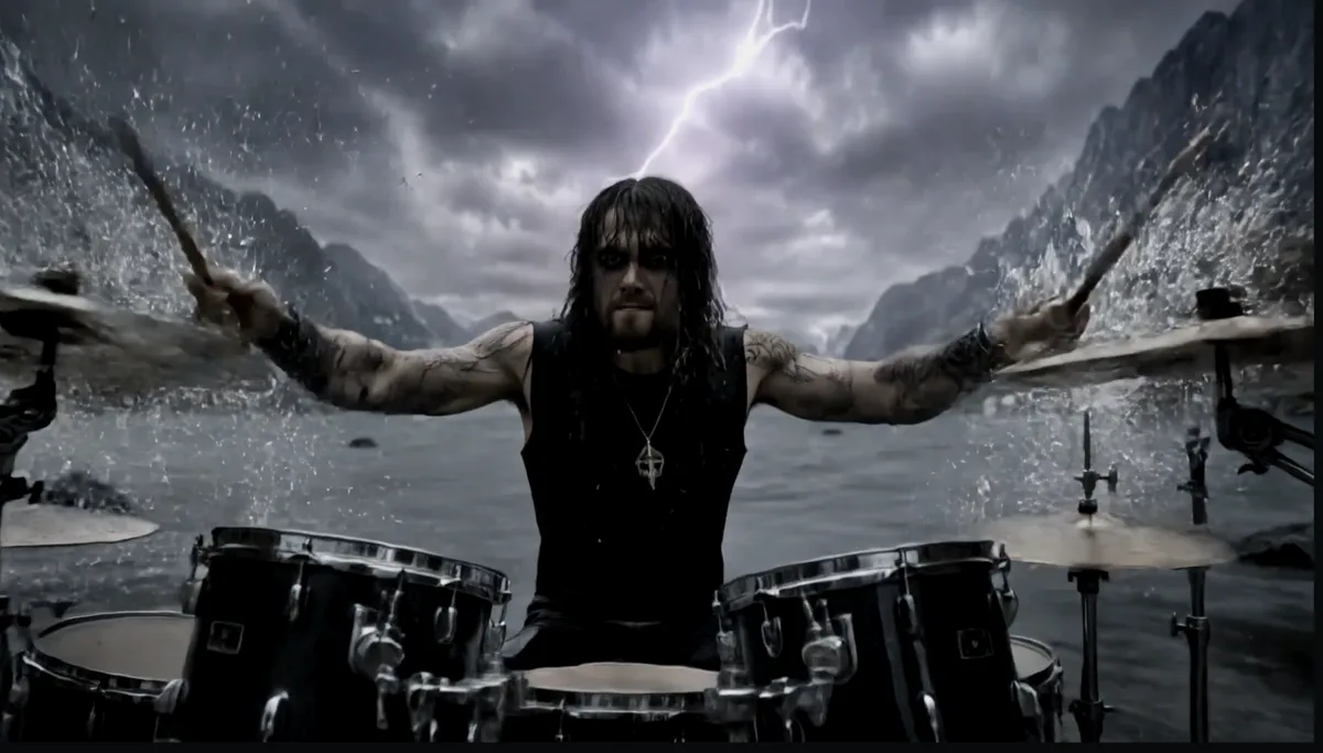 Håkon "Hammer" playing drums in a lightning storm