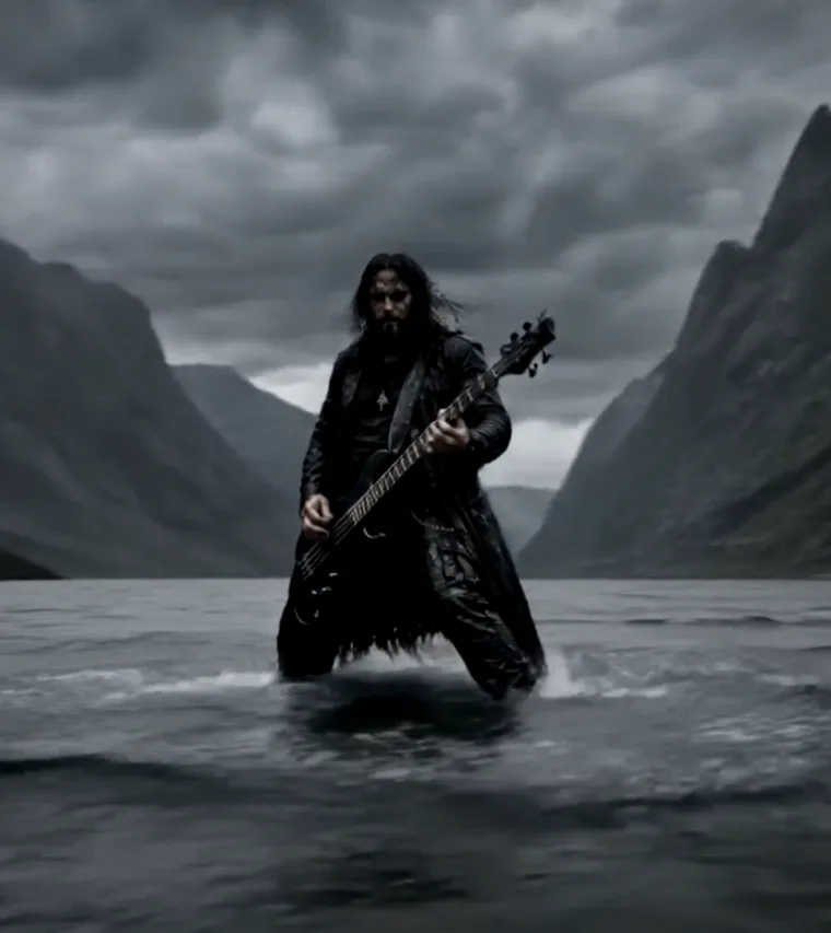 Leif "Storm" playing bass knee-deep in fjord water