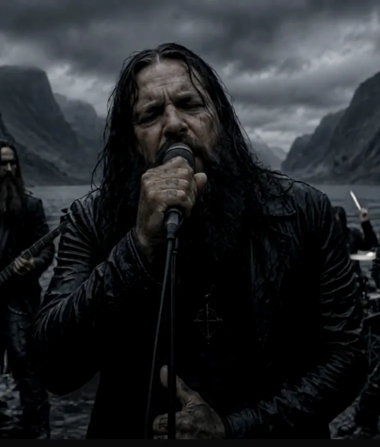 Olav "Svartskjegget" singing into a microphone by a fjord