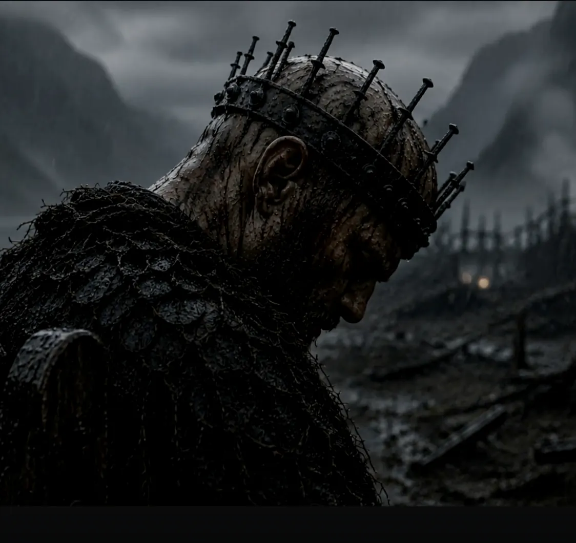 Close-up portrait of Mortain's frontman wearing a nail-spiked crown